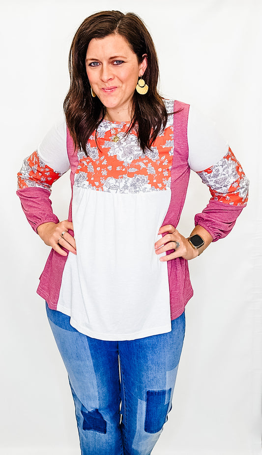 Coral, Floral & White Long Sleeve