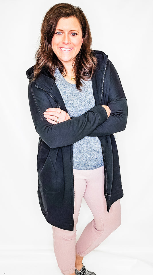 Black, Longline Zip-Up Jacket with Hood