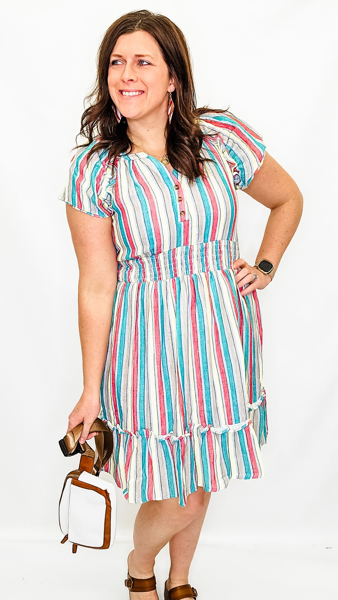 Green, Yellow, & Red Vertical Stripe Dress