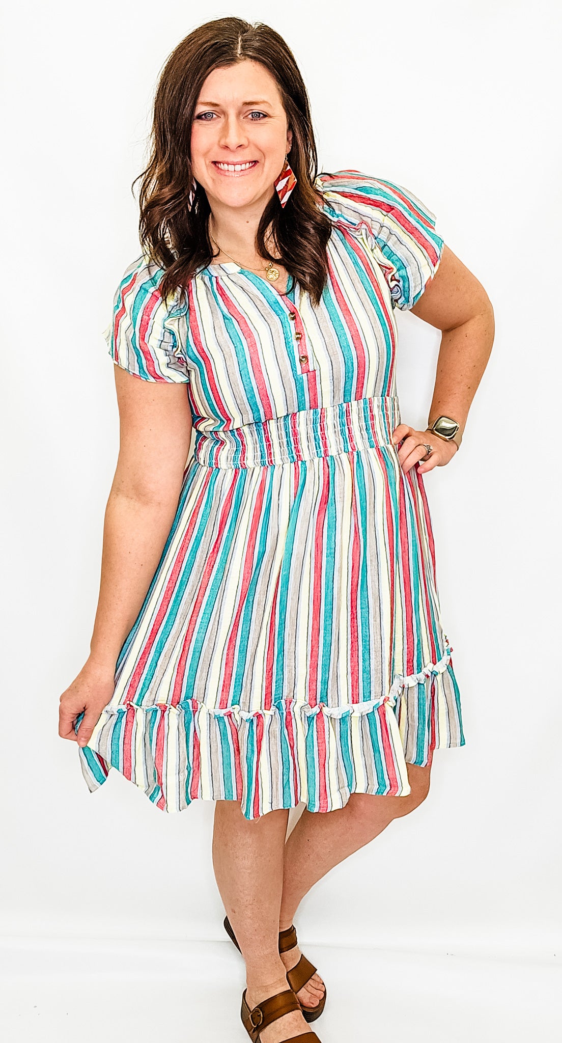 Green, Yellow, & Red Vertical Stripe Dress