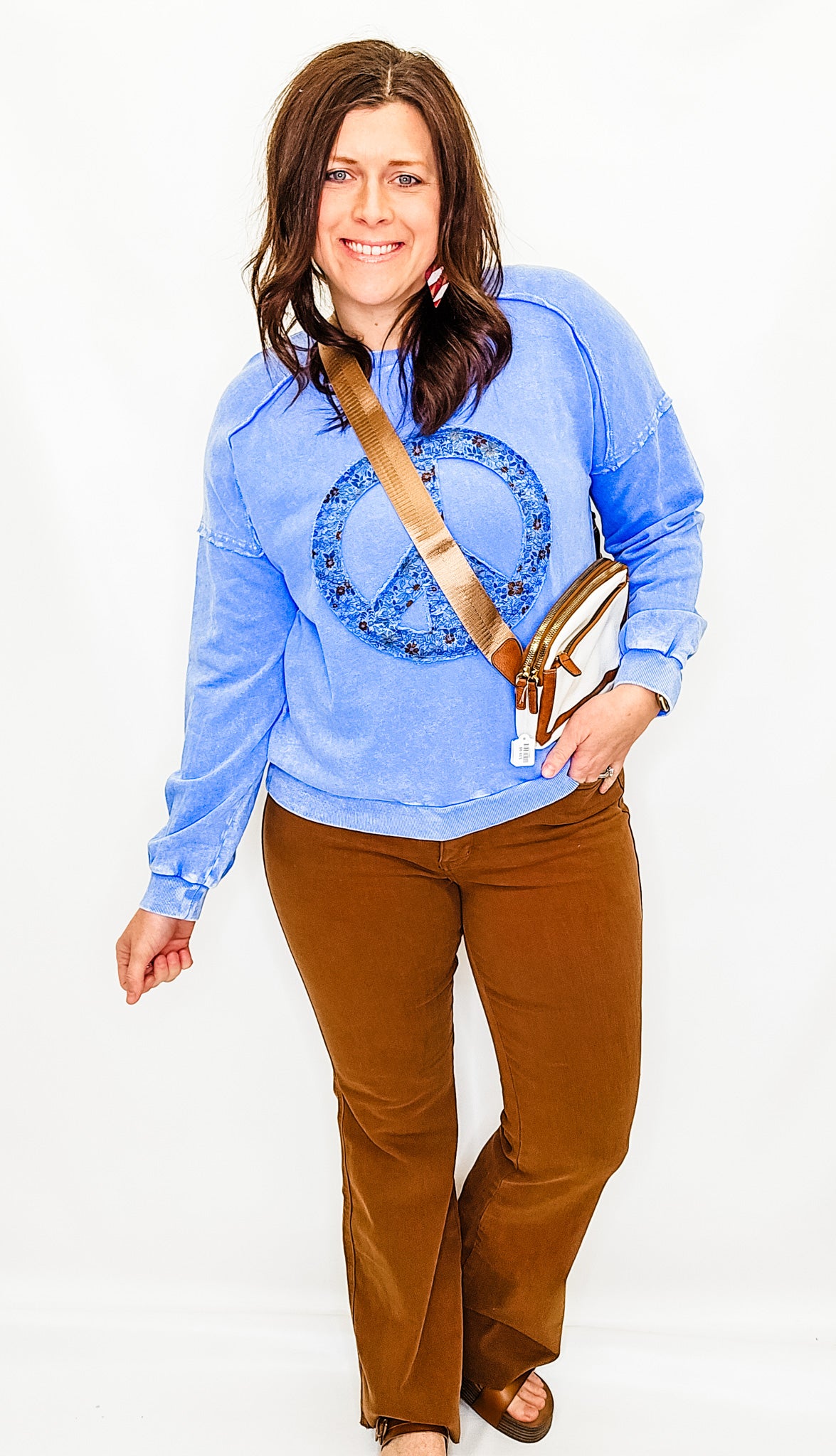 Floral Peace Sign & Blue Mineral Washed Crew Neck