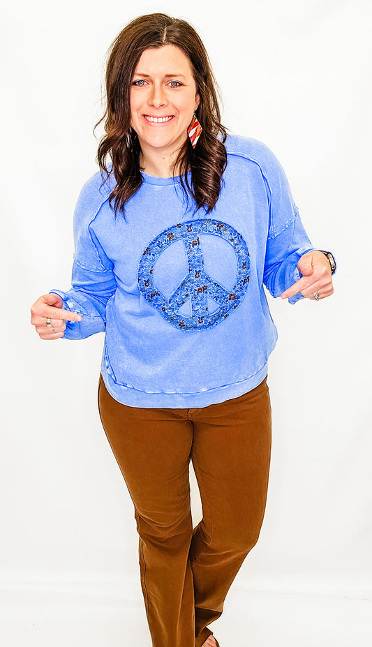 Floral Peace Sign & Blue Mineral Washed Crew Neck