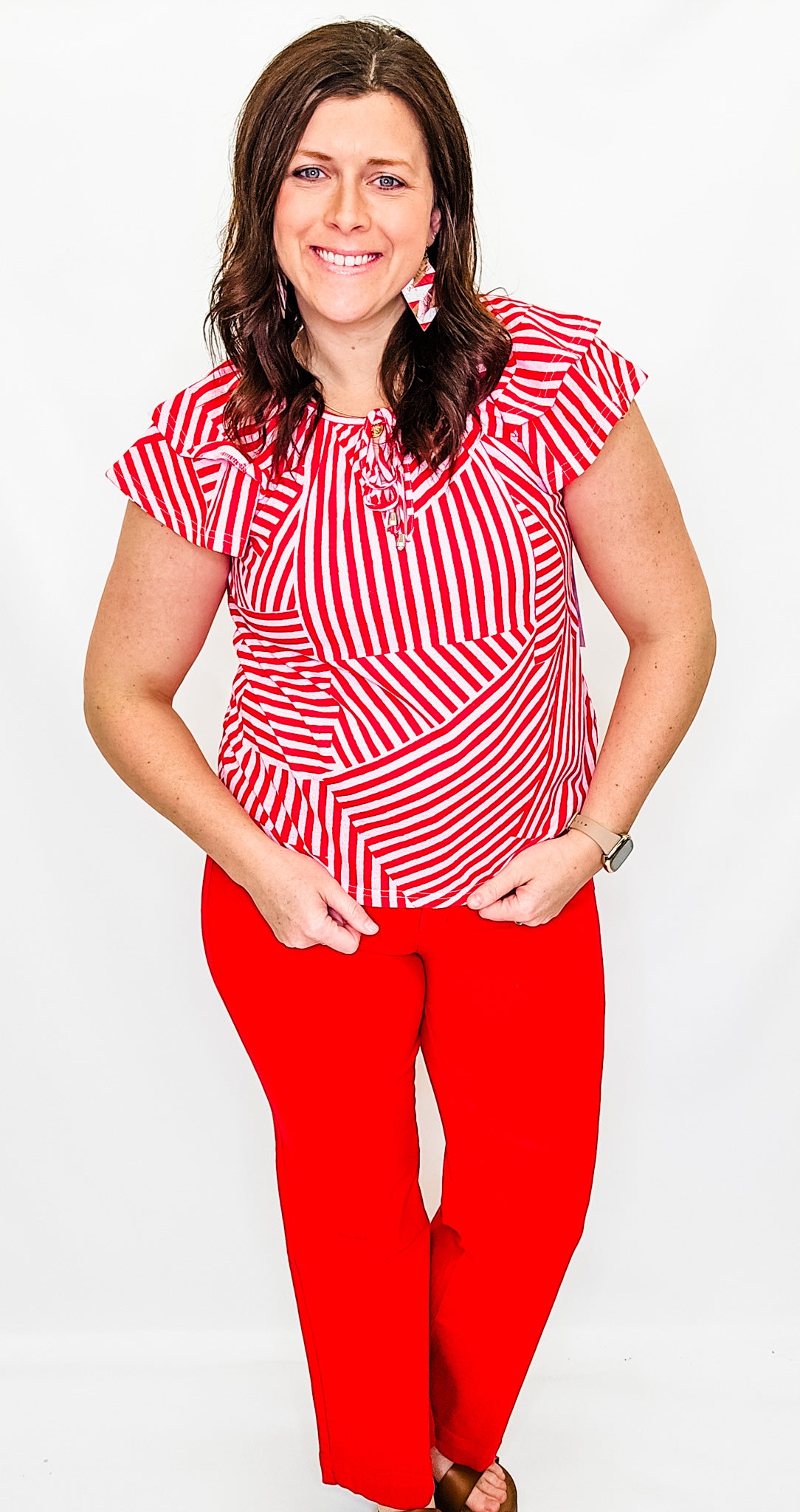 Tribal Pink & Poppy Red Cap Sleeve Peasant Top