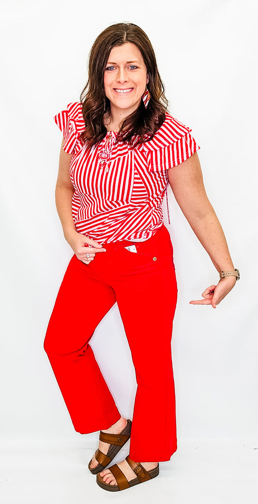 Tribal Poppy Red Fly Front Wide Leg Pant