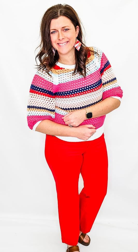 Tribal Poppy Red & Stripe 3/4 Sleeve Sweater
