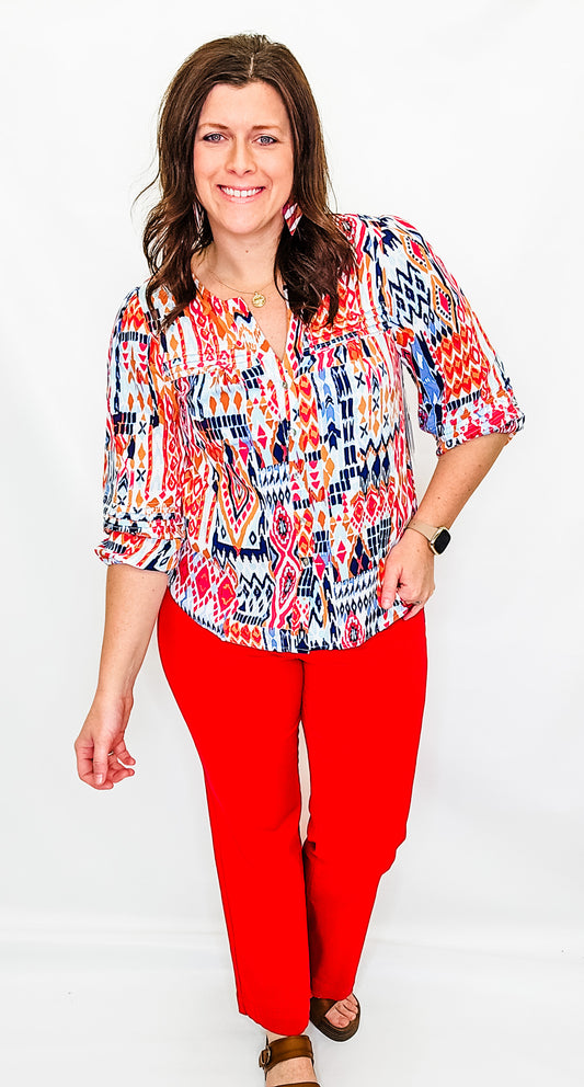 Tribal Jet Blue Pattern Button Front Blouse