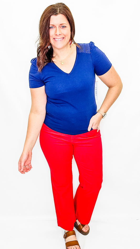 Tribal Jet Blue V-Neck Lace Detail Short Sleeve
