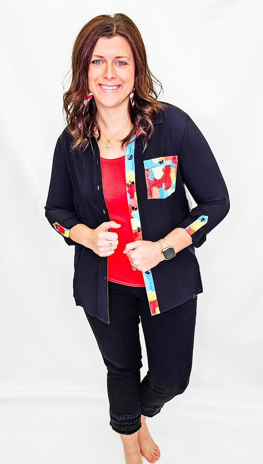 Multiples Black with Colorful Accents Roll Tab Hi-Lo Top