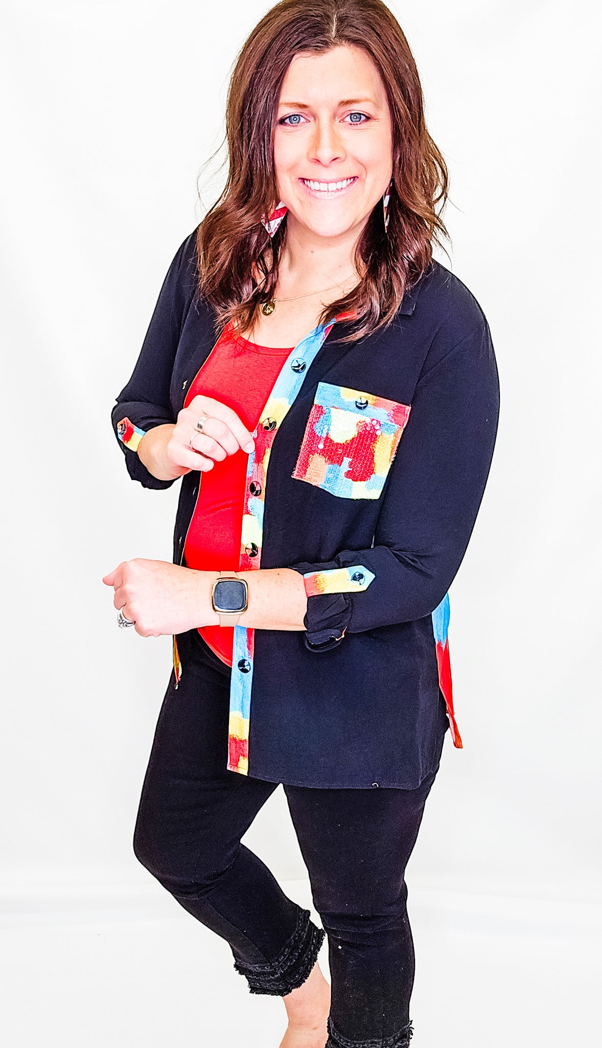 Multiples Black with Colorful Accents Roll Tab Hi-Lo Top