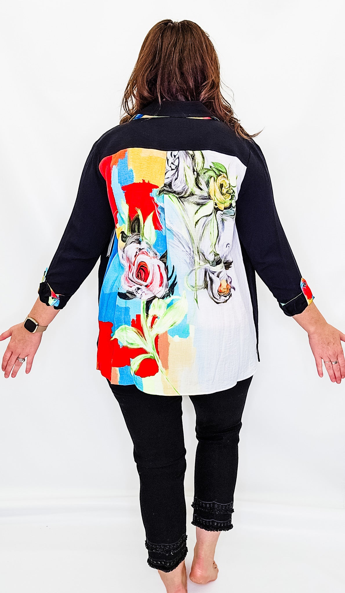 Multiples Black with Colorful Accents Roll Tab Hi-Lo Top