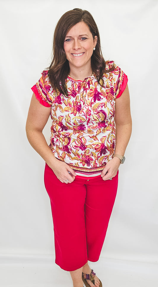 Tribal Jeans Limoncello Pink Border Print Blouse
