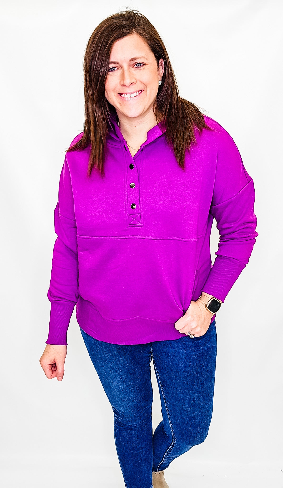 Plum Half Button Fleece Pullover Hoodie