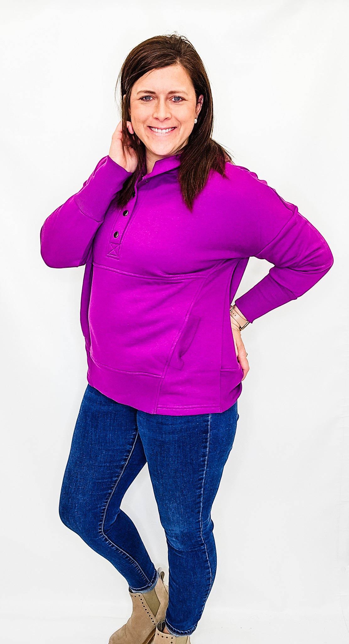 Plum Half Button Fleece Pullover Hoodie