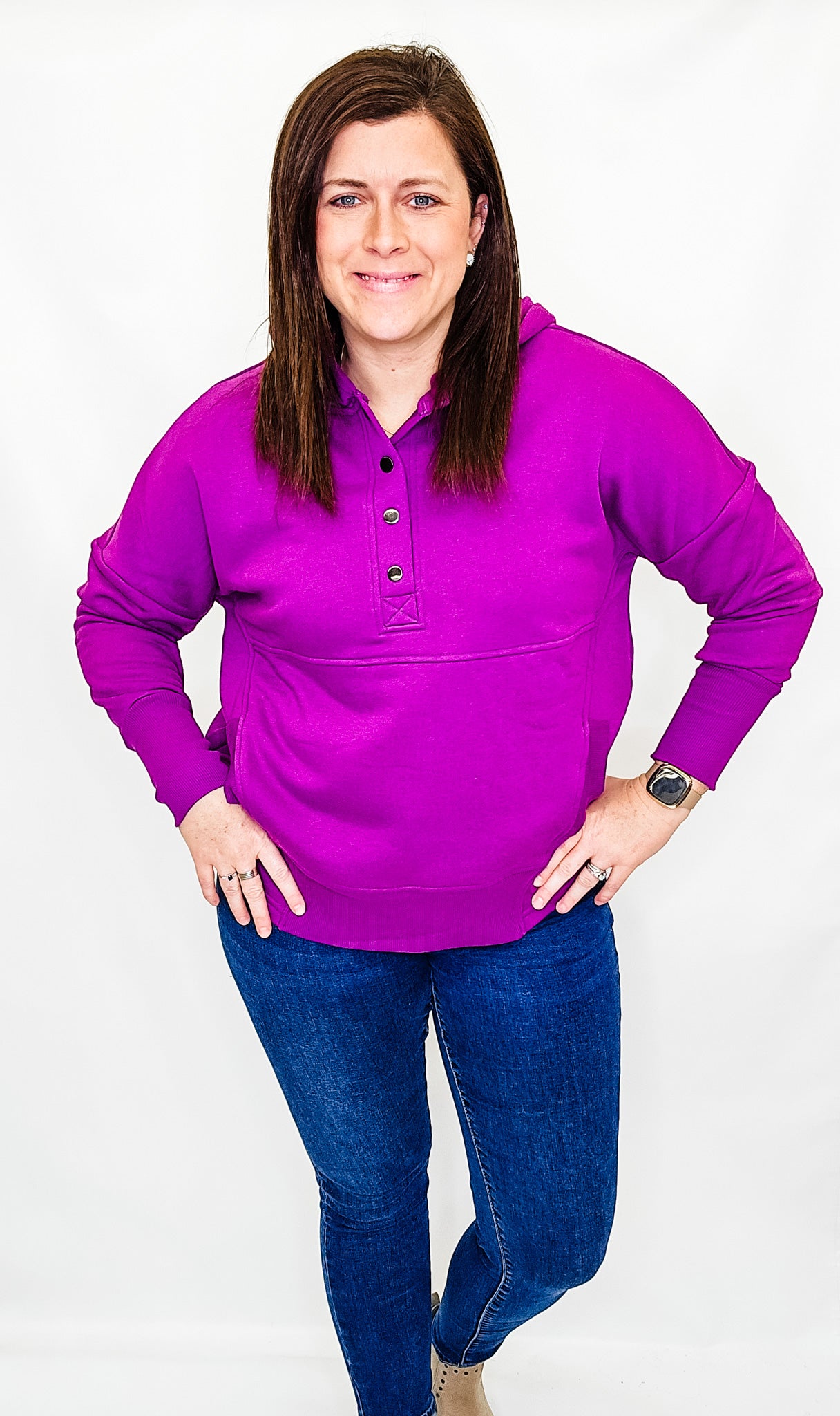 Plum Half Button Fleece Pullover Hoodie