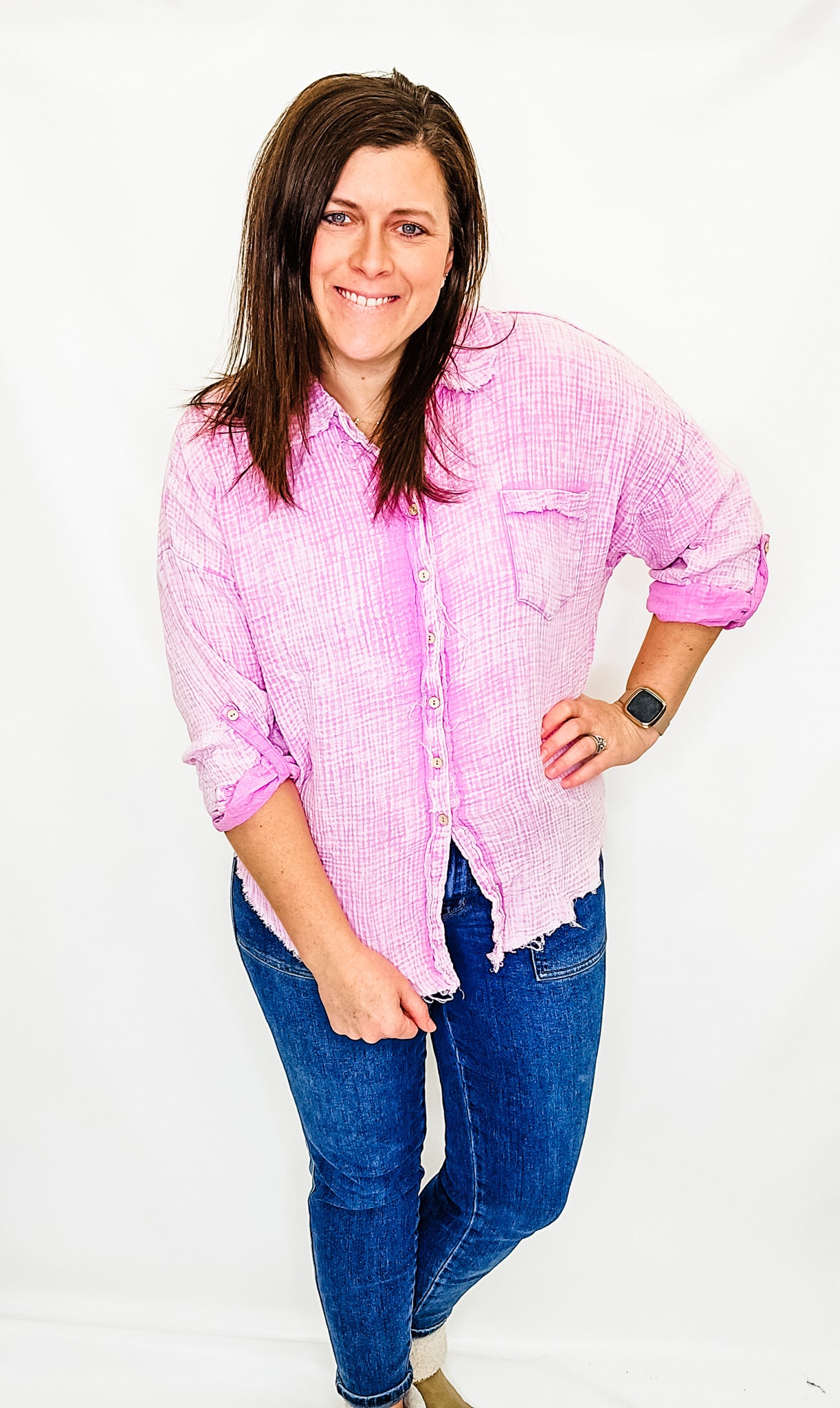 Lt Mauve Button Down Gauze Shirt