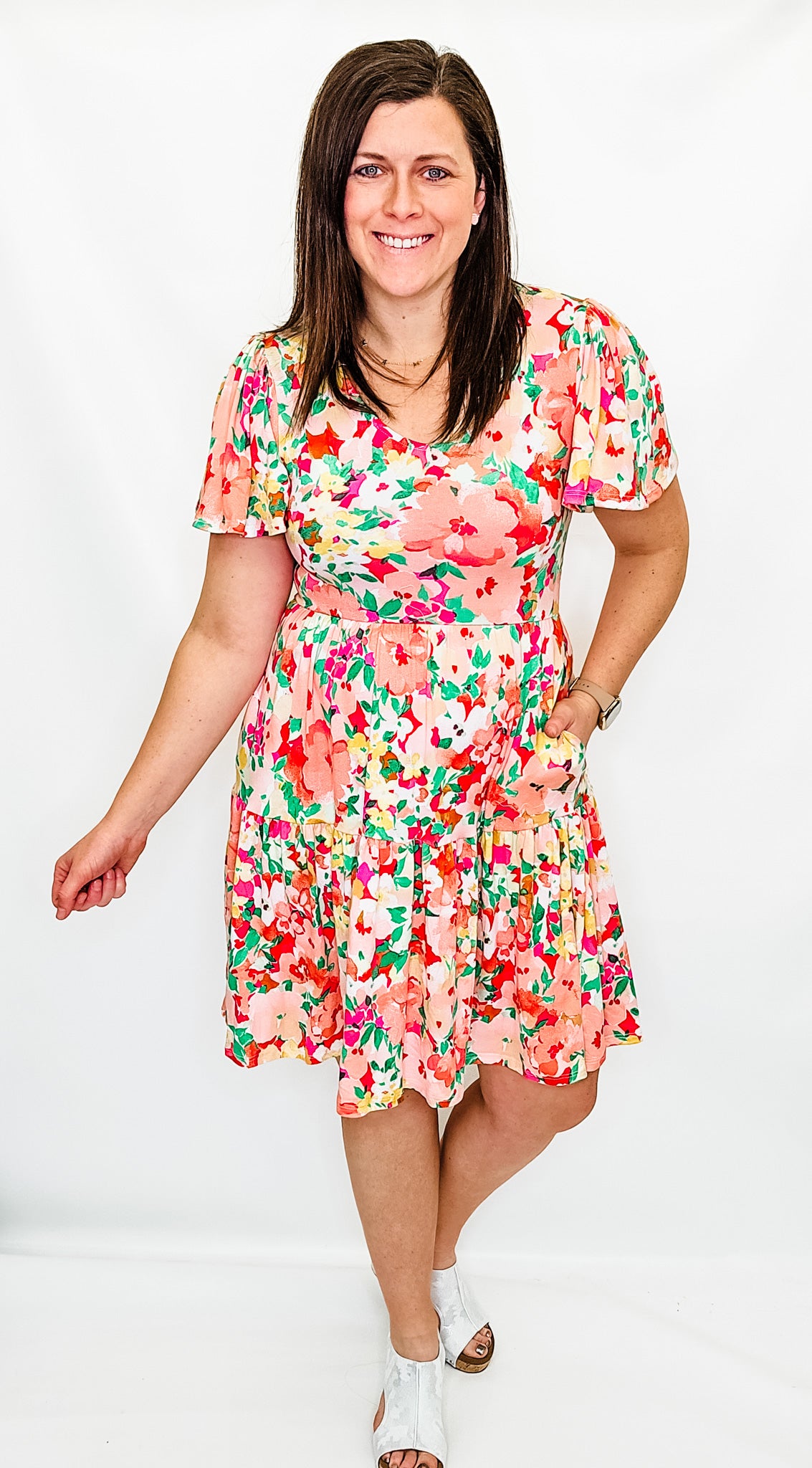 Fuchsia & Peach Floral Tiered Dress