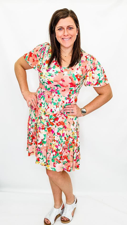 Fuchsia & Peach Floral Tiered Dress