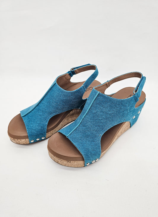 Corkys Tuquoise Washed Canvas Carley Wedges