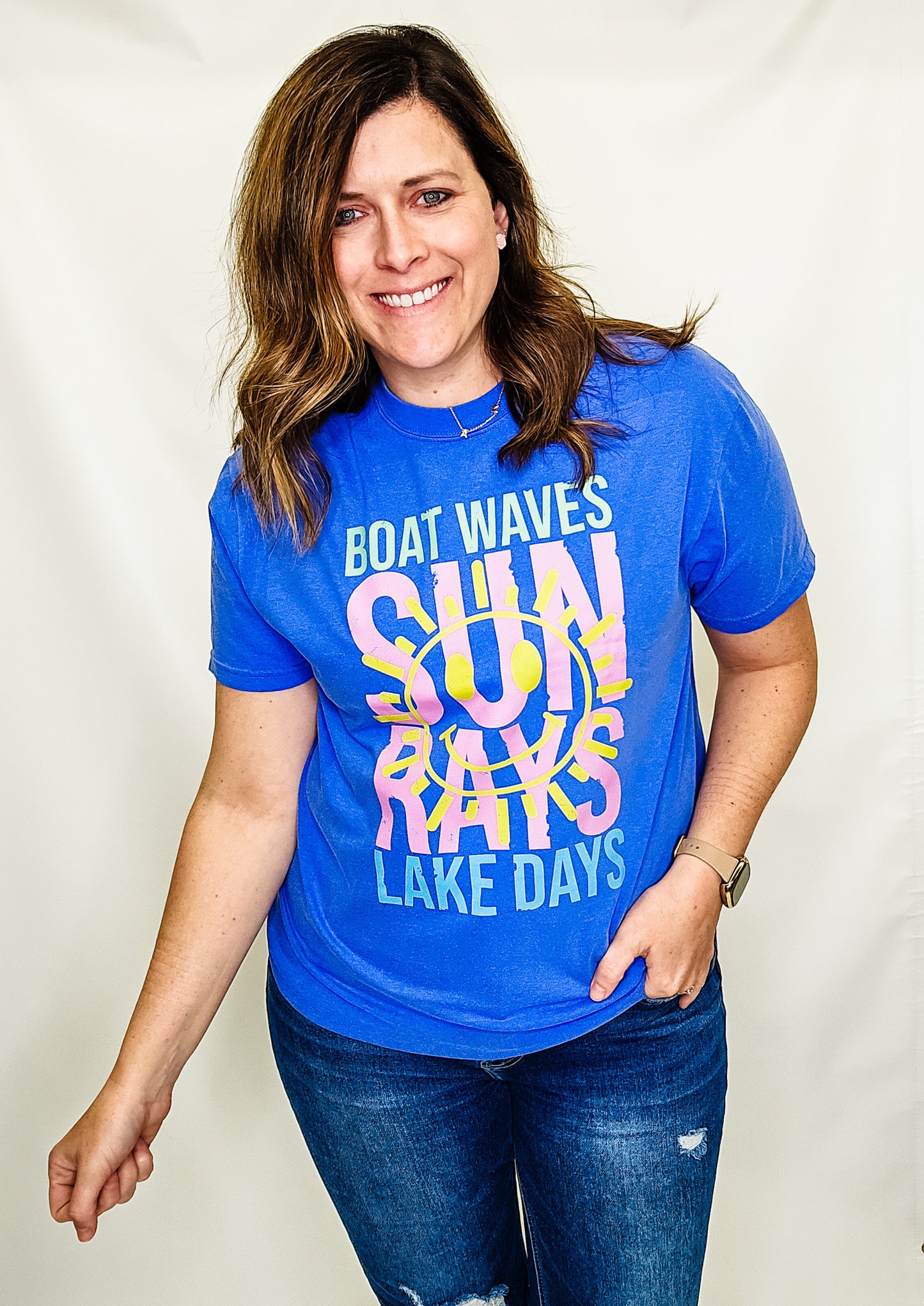 Boat Waves, Sun Rays, Lake Days Blue Graphic Tee