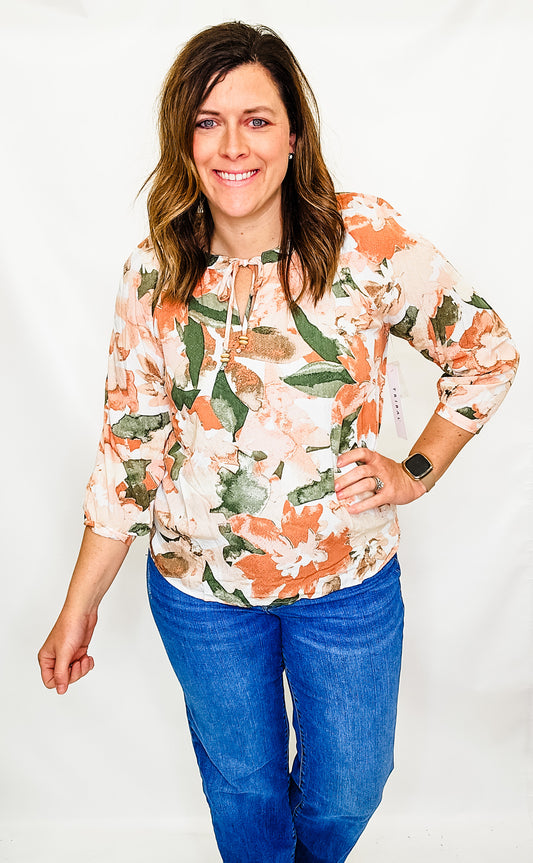 Tribal Muted Clay Floral 3/4 Sleeve Blouse