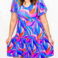 Blue & Pink V-Neck Flutter Sleeve Dress