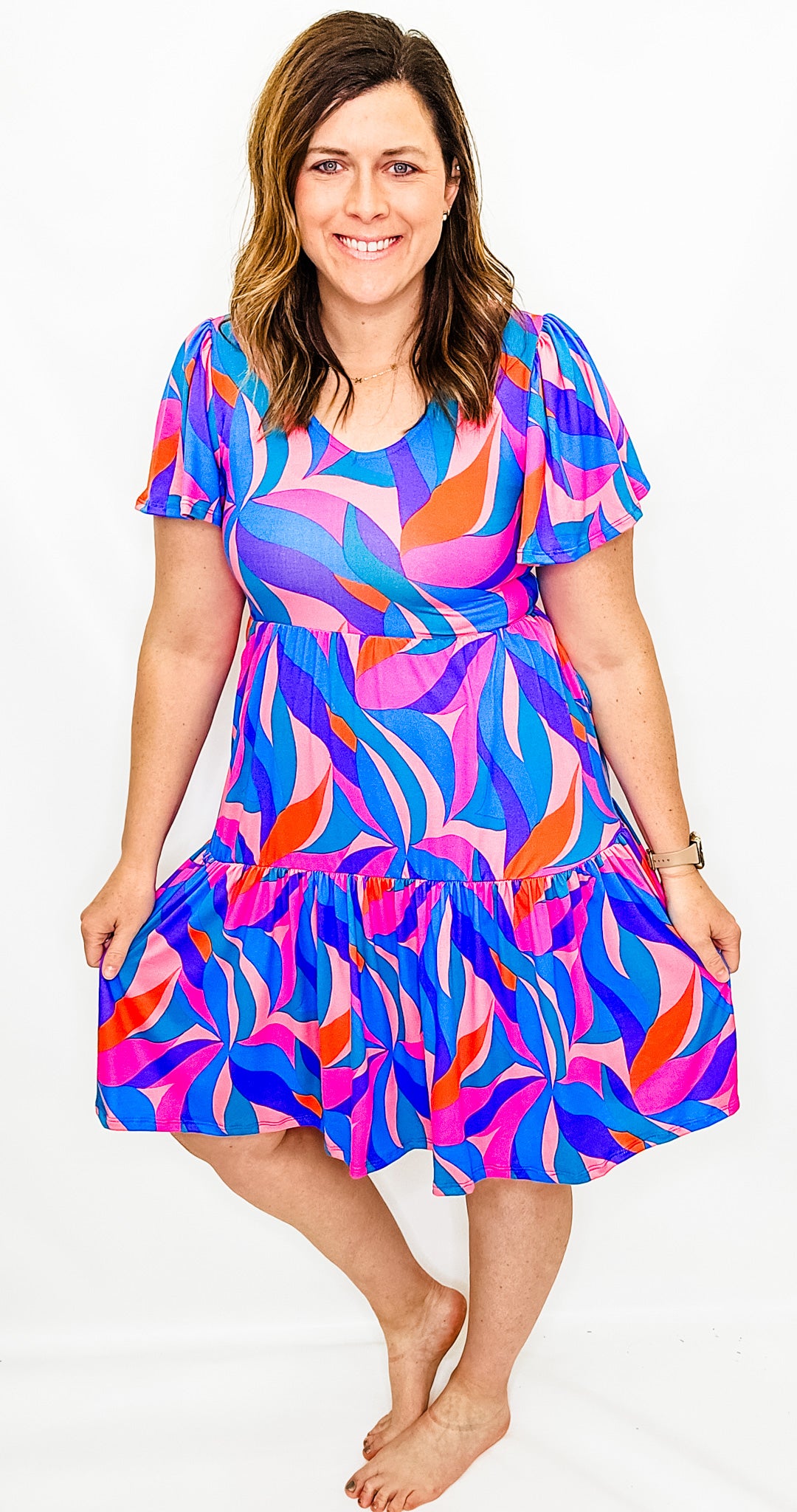 Blue & Pink V-Neck Flutter Sleeve Dress