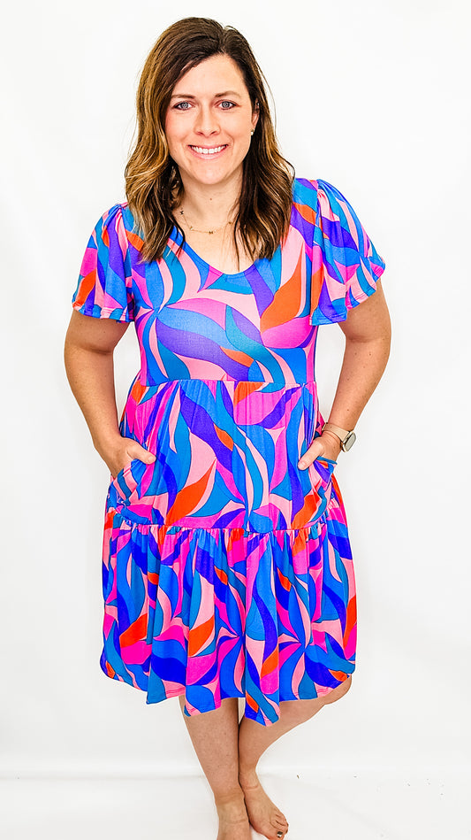 Blue & Pink V-Neck Flutter Sleeve Dress