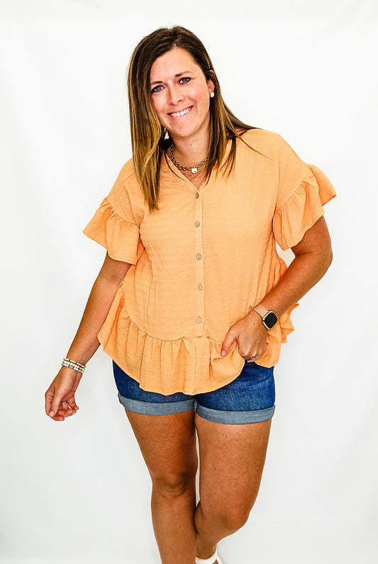 Cantaloupe Orange Side Ruffle Short Sleeve