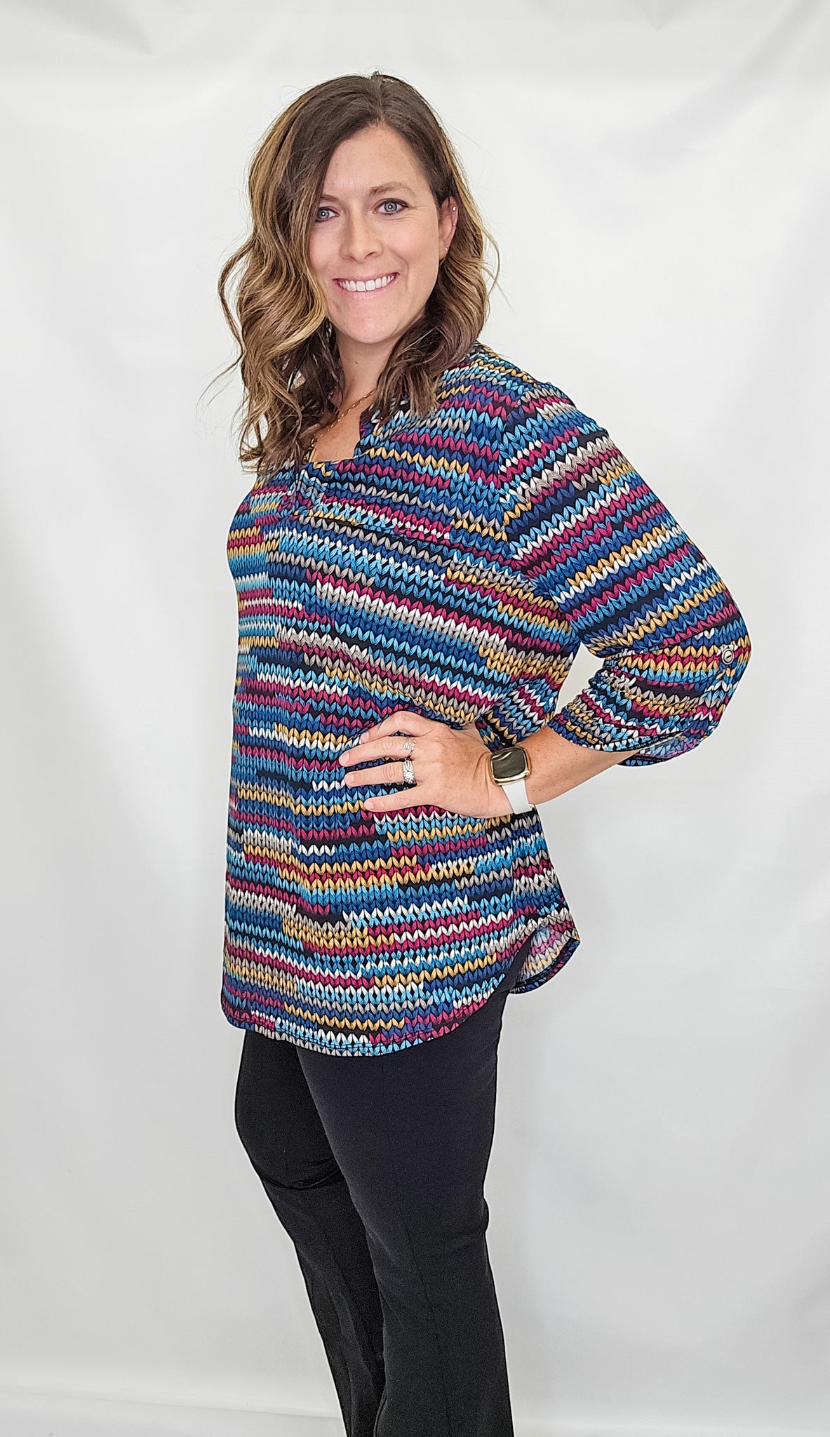 Teal Multi Printed Lizzy 3/4 Sleeve Top - Extended Sizes