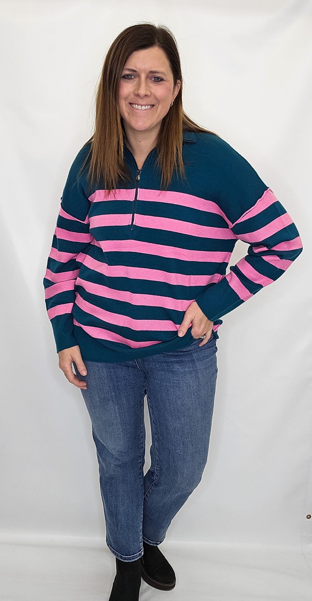 Pink & Hunter Green Collared Quarter Zip