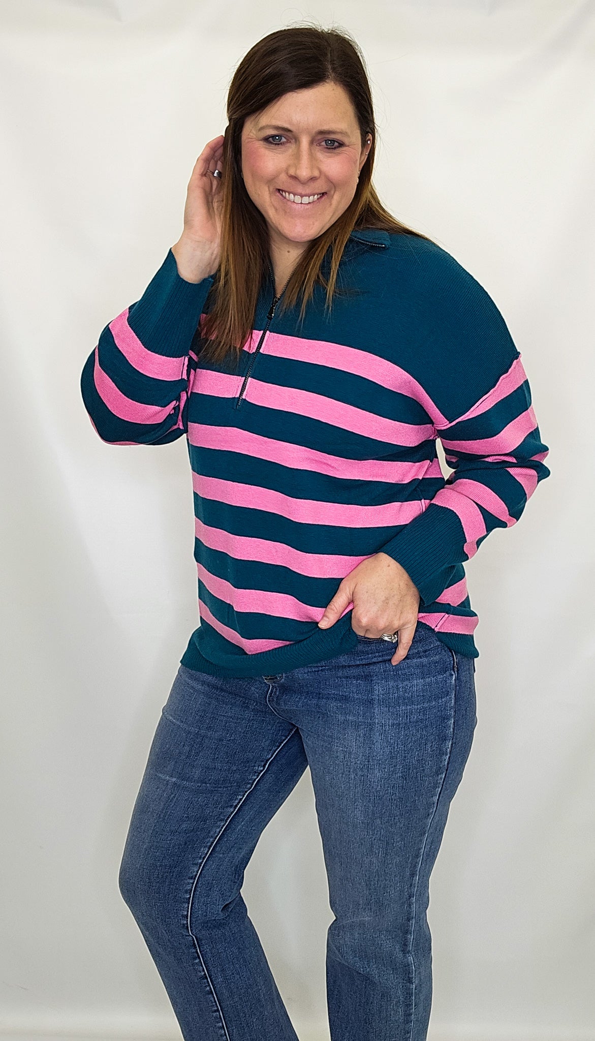 Pink & Hunter Green Collared Quarter Zip