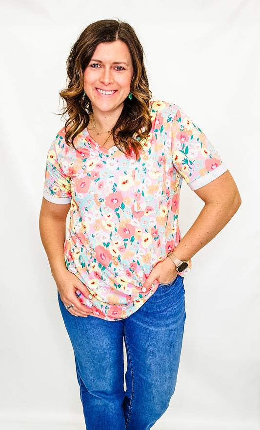 Coral & Yellow Floral Short Sleeve - Extended Sizes