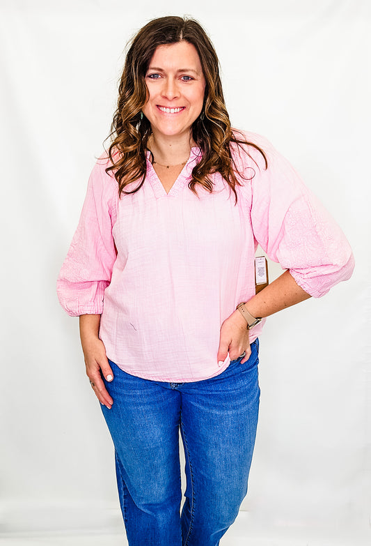 True Luxe Lt Pink Embroidered Sleeve Top
