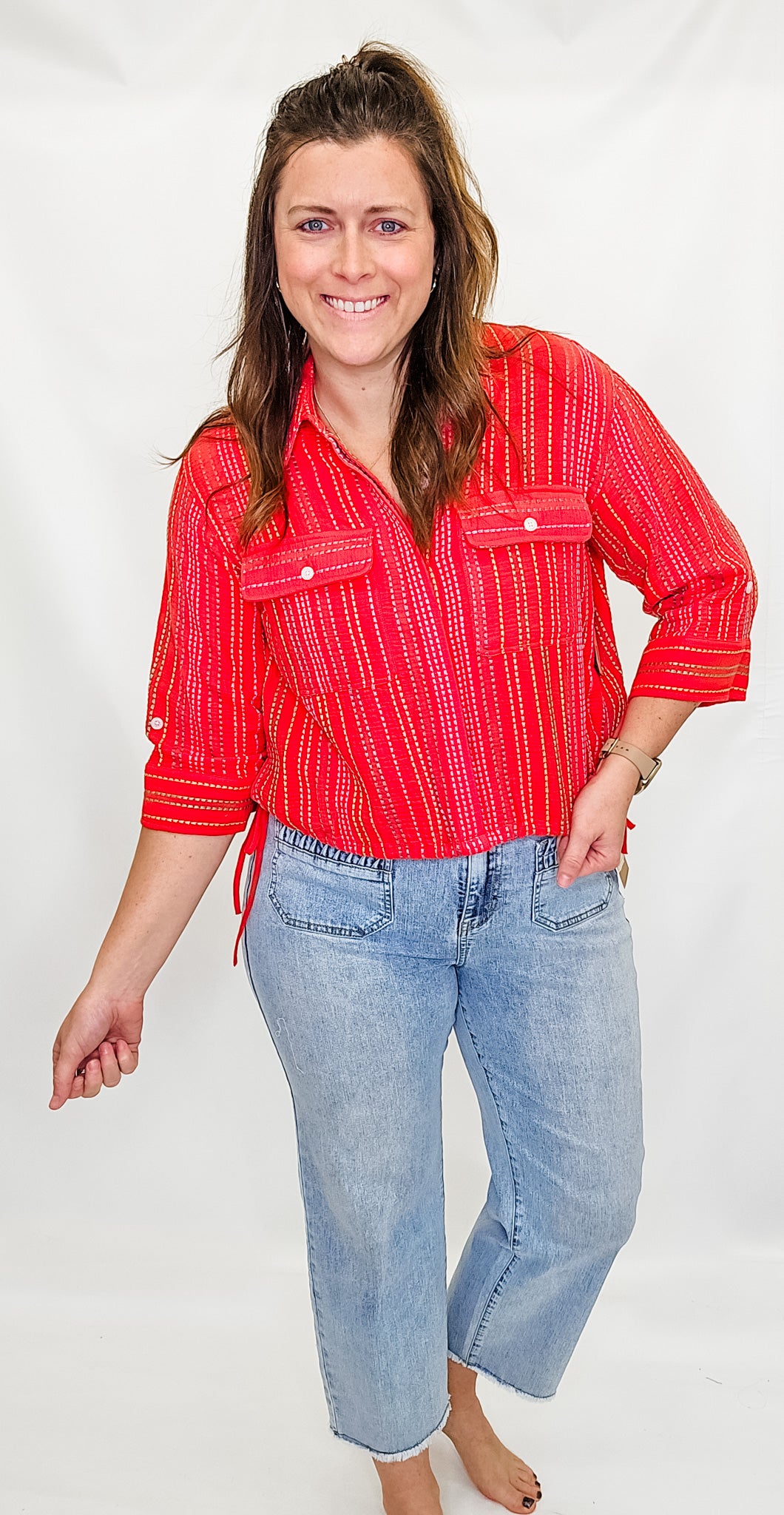 Tru Luxe Red Embroidered Button Up Shirt