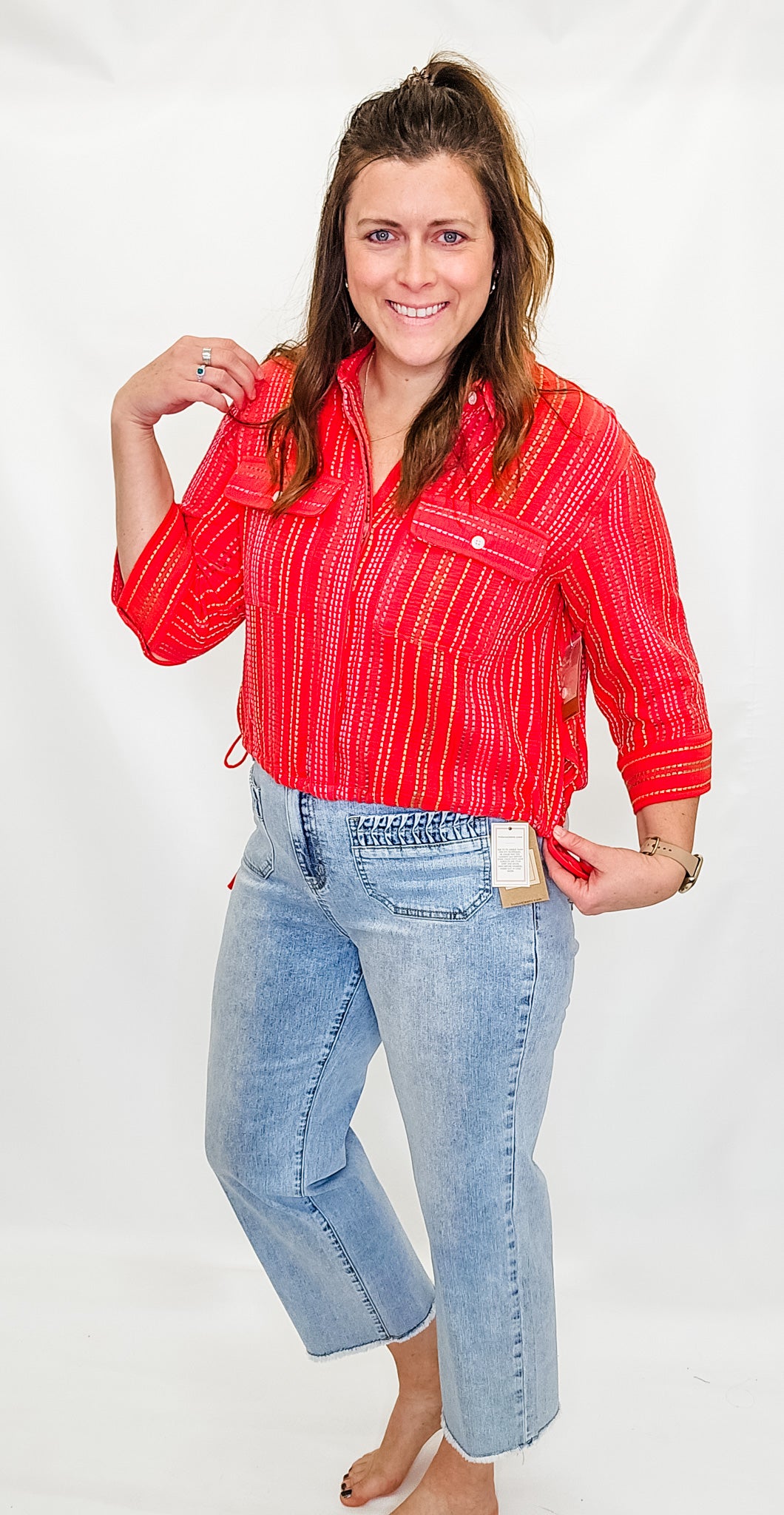 Tru Luxe Red Embroidered Button Up Shirt