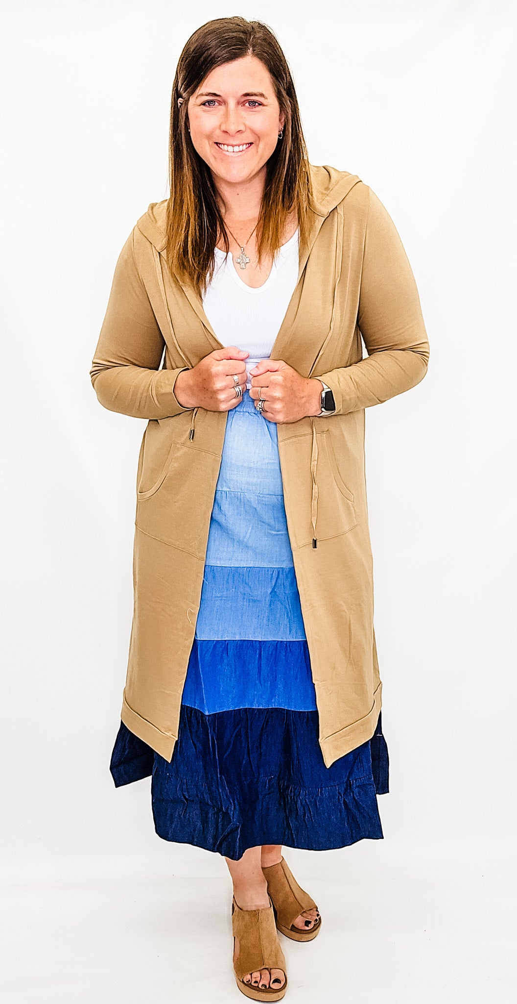 Camel Knit Duster Cardigan with Hood