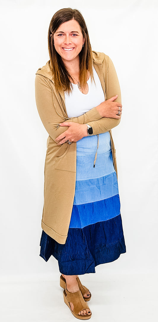 Camel Knit Duster Cardigan with Hood