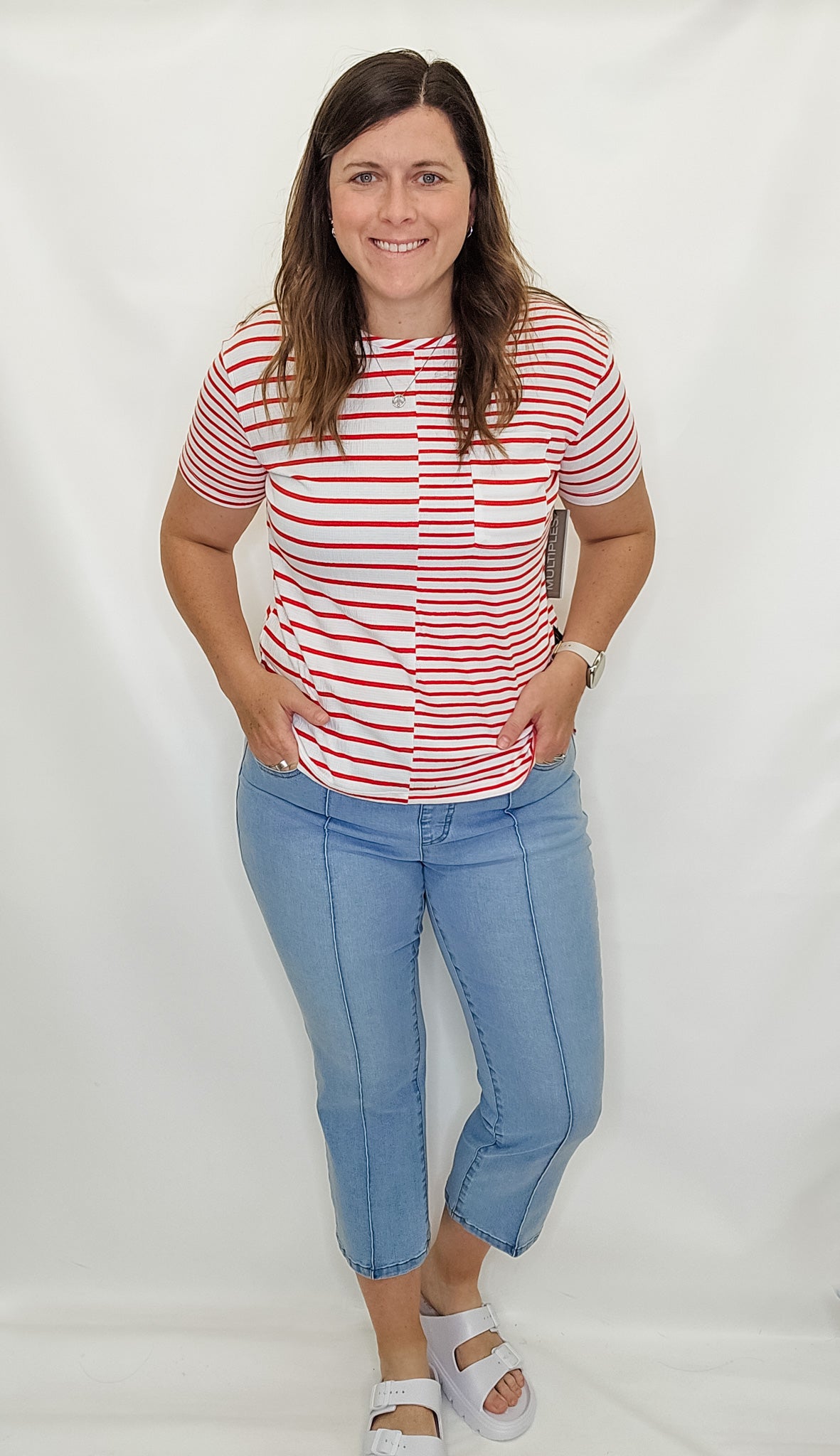 Multiples Lt Indigo Pintuck Flare Crop Jeans