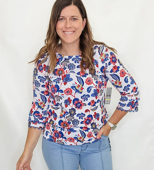 Multiples Red & Blue Lace 3/4 Sleeve Top