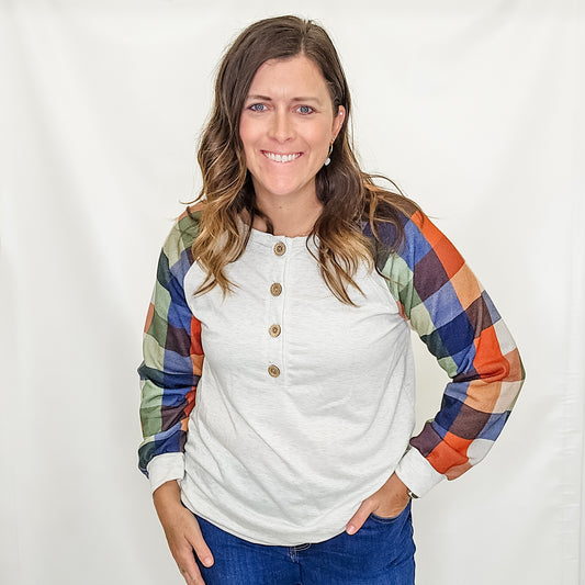 Orange Plaid and Khaki Long Sleeve Top - Ext Sizes