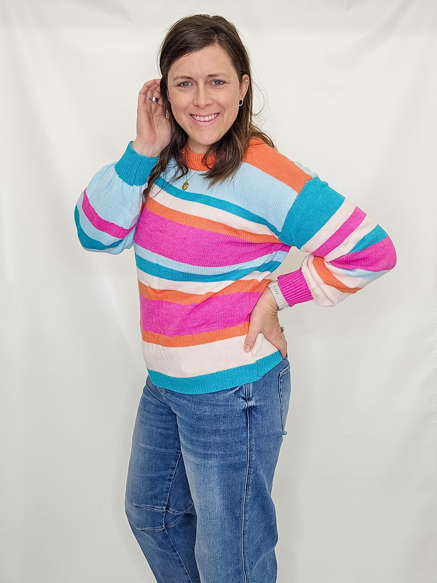 Multi-Color Striped Knit Drop Shoulder Sweater