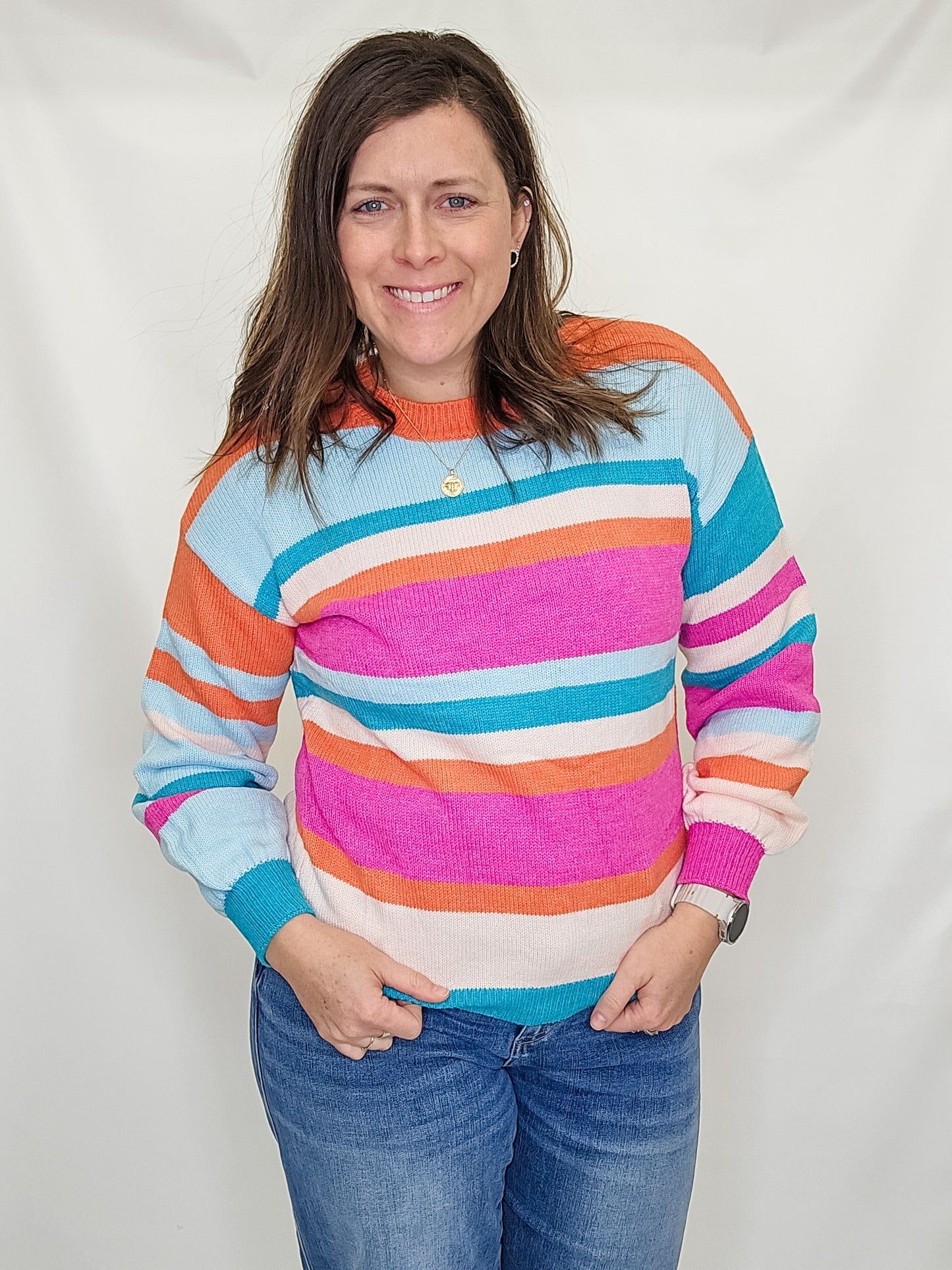 Multi-Color Striped Knit Drop Shoulder Sweater