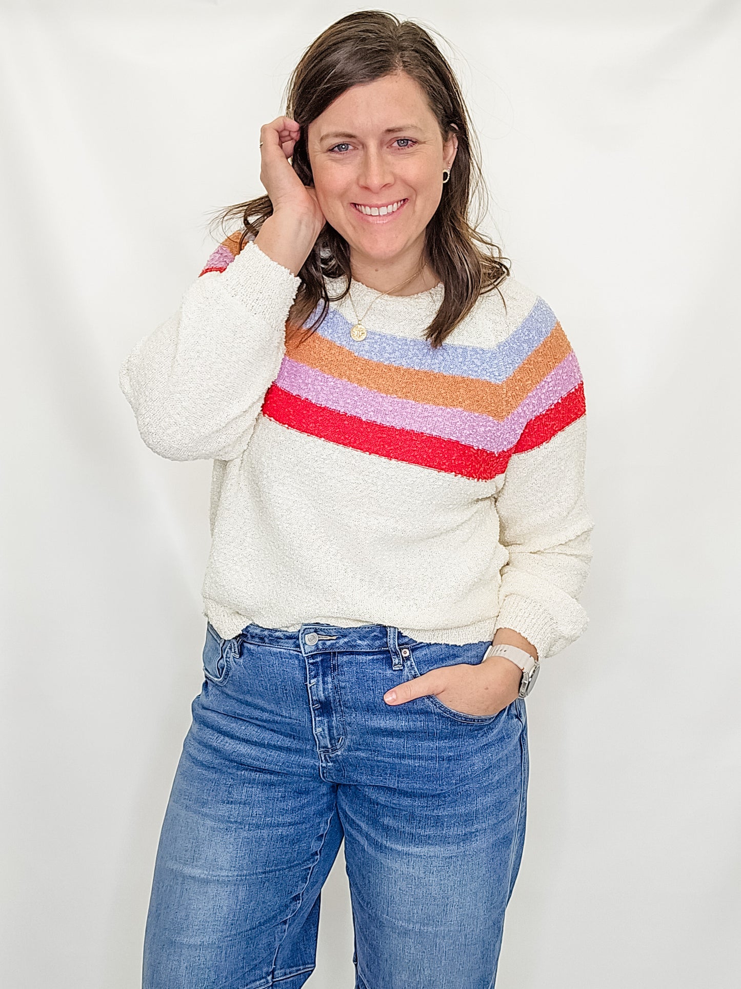 Cream & Colorful Stripe Loose Fit Sweater