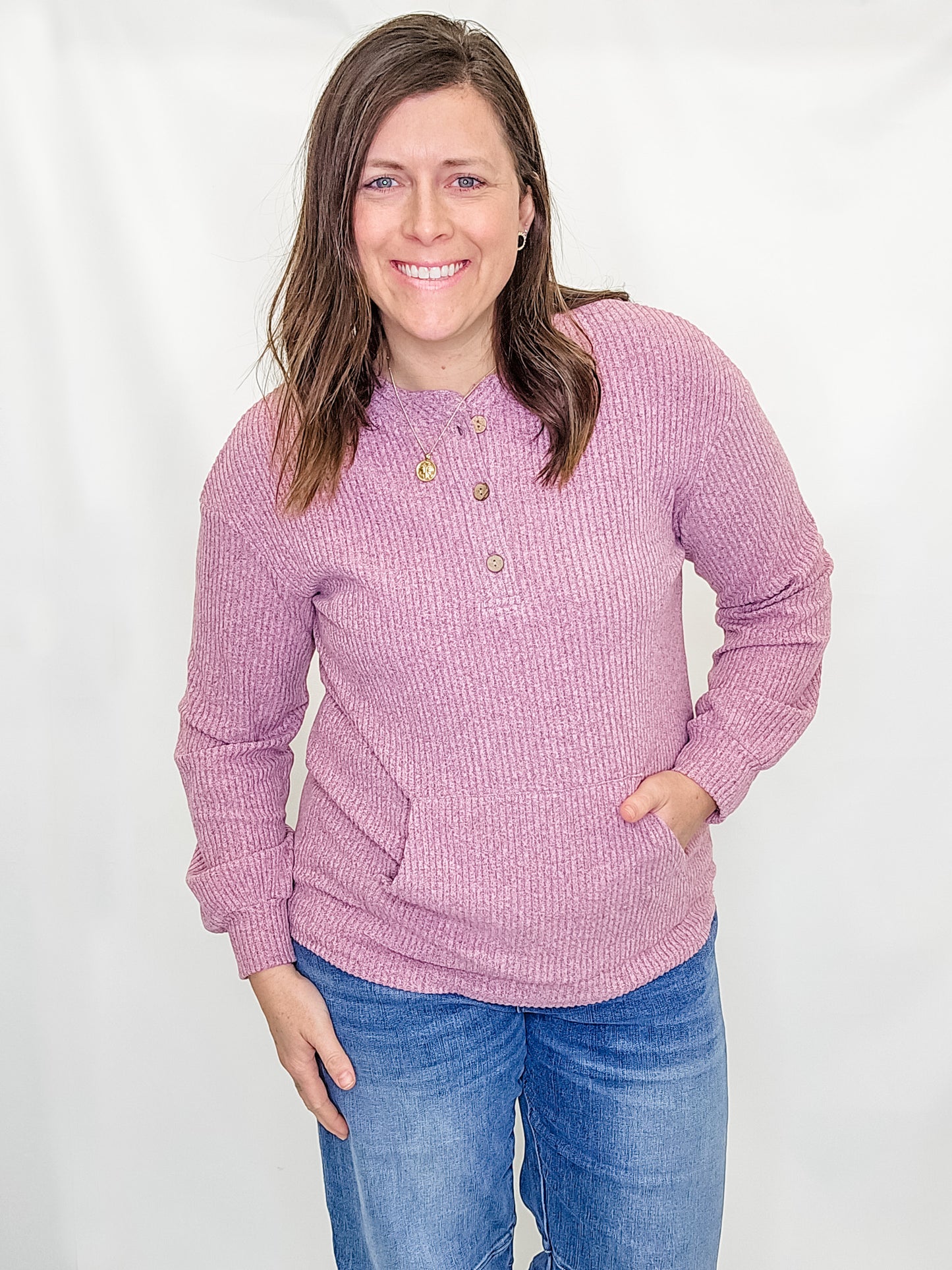 Purple Ribbed Henley Knit Top