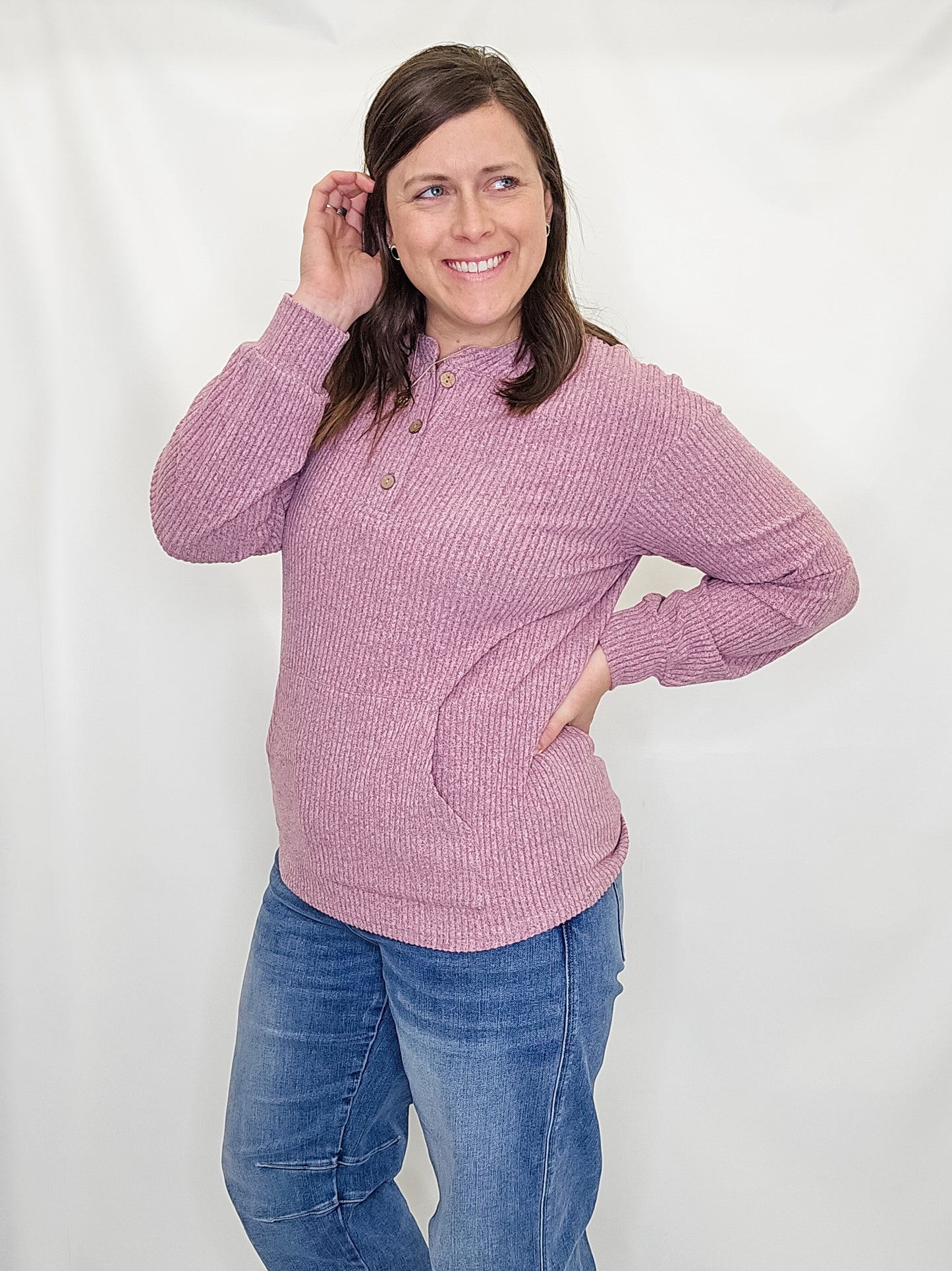 Purple Ribbed Henley Knit Top