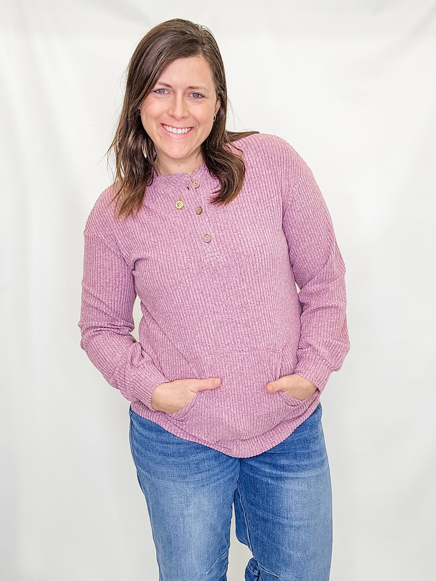 Purple Ribbed Henley Knit Top