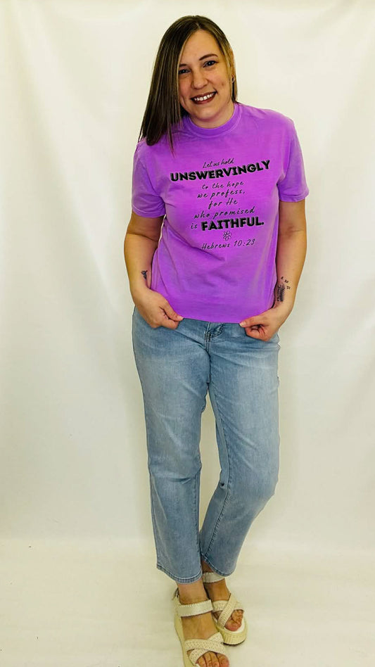 Let Us Hold Unswervingly Neon Violet Graphic Tee
