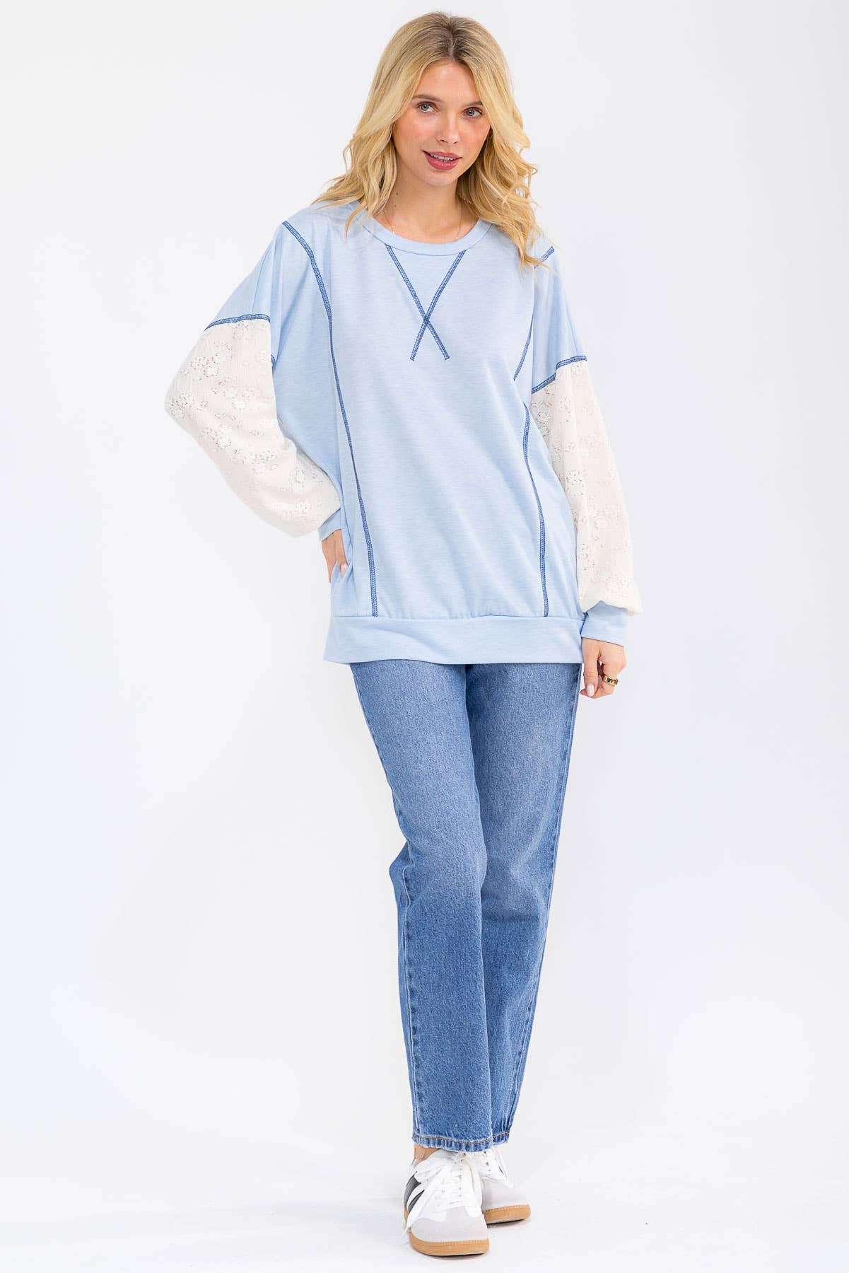 Light Blue Contrast Lace Sleeve Pullover Top
