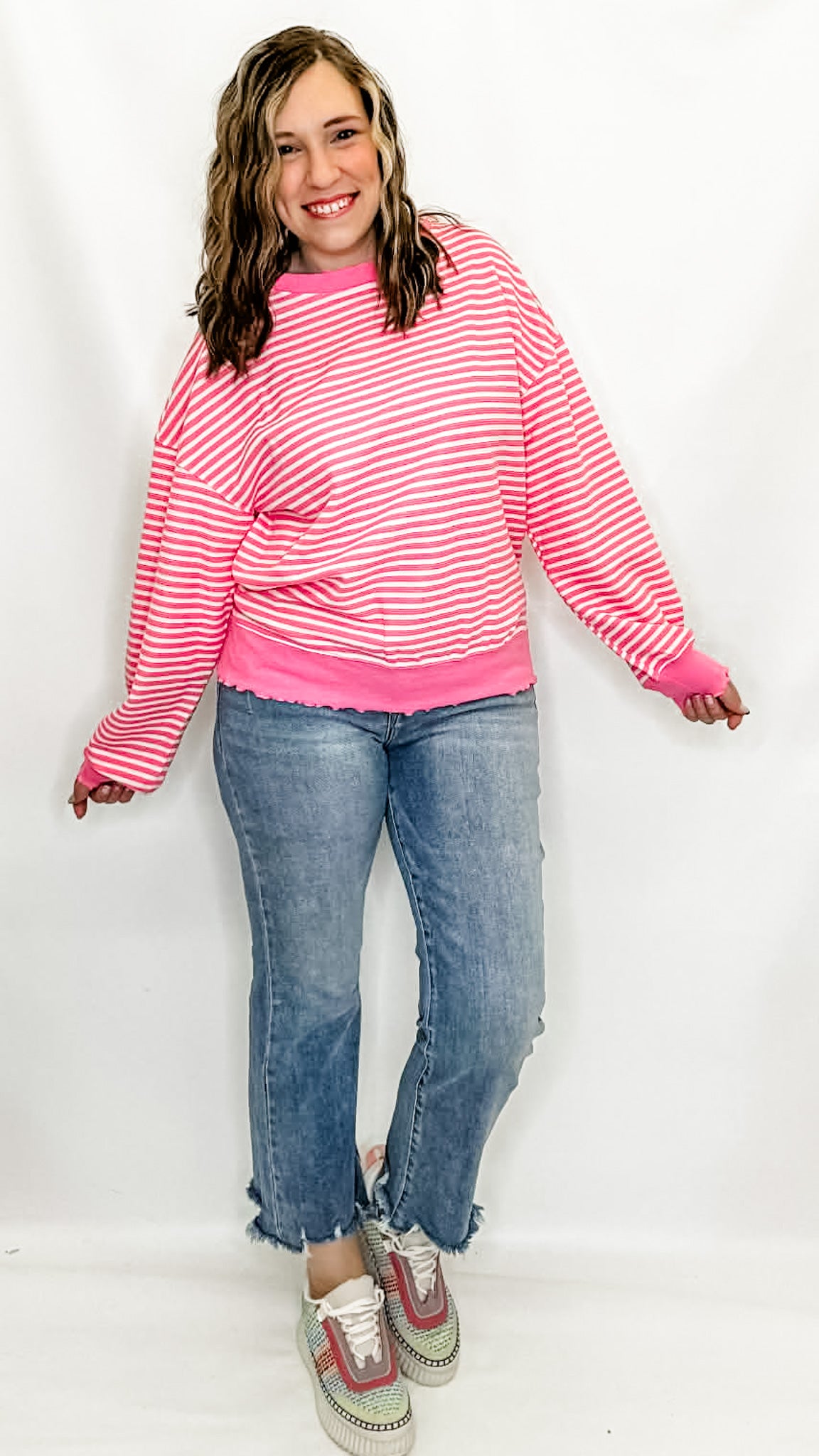 Pink Striped Textured Loose Fit Long Sleeve Top