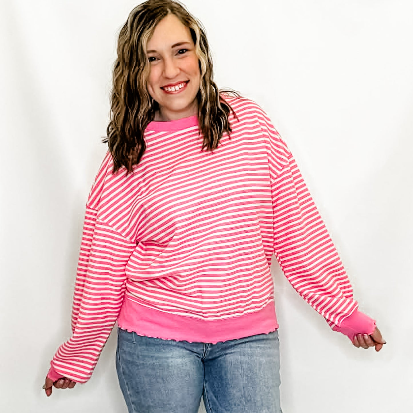 Pink Striped Textured Loose Fit Long Sleeve Top